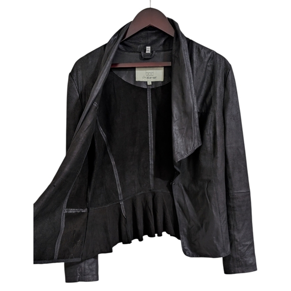 Bod & Christensen Black Leather Draped Jacket w/ Back Ruffle - 6 - Picture 4 of 8